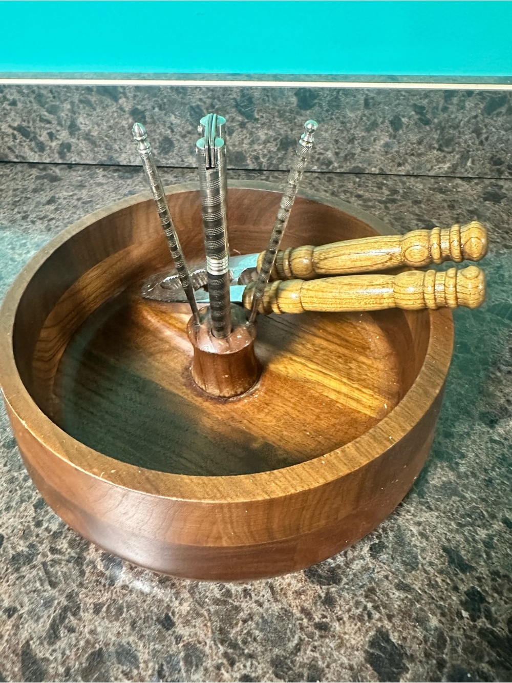 Vintage Wooden Vermillion Walnut Wood Nut Bowl with Nutcracker